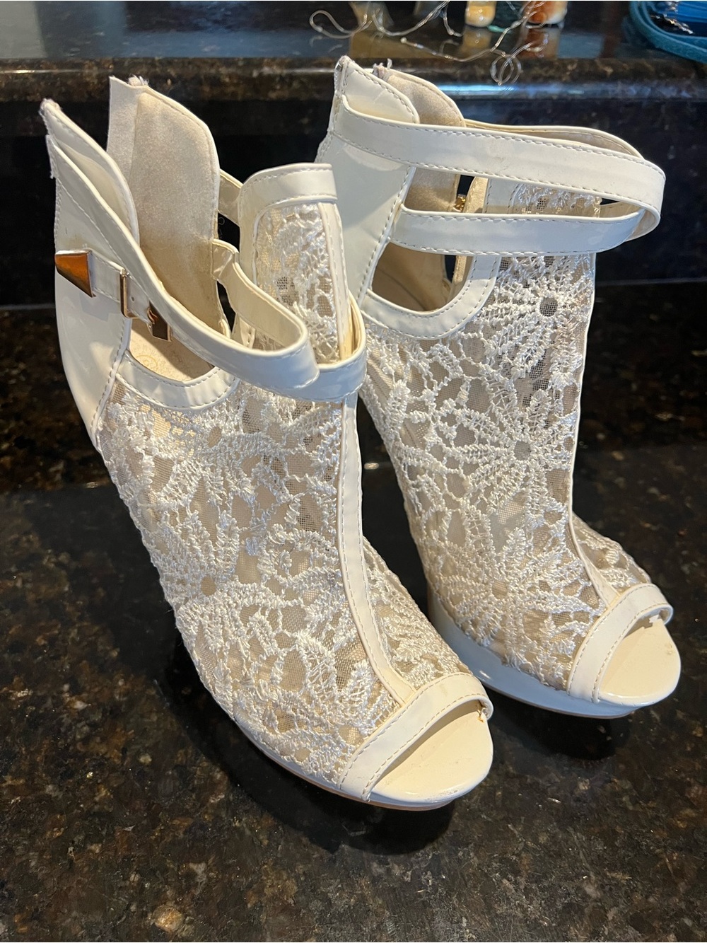 Women's White Lace Peep-Toe Heel Booties with Ankle Straps